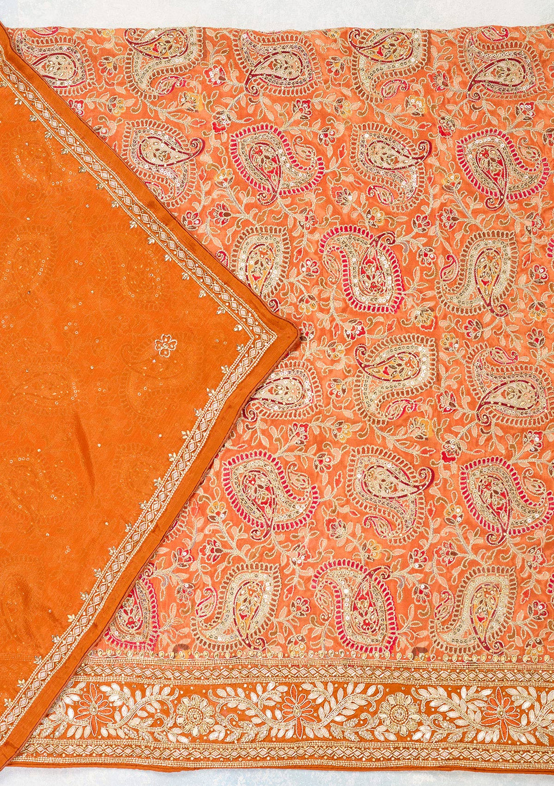 Orange Crepe Gold Stonework Unstitched Dress Material With Matching Bottom And Dupatta