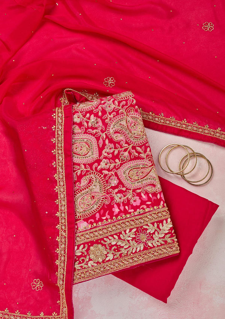 Rani Pink Crepe Gold Stonework Unstitched Dress Material With Matching Bottom And Dupatta