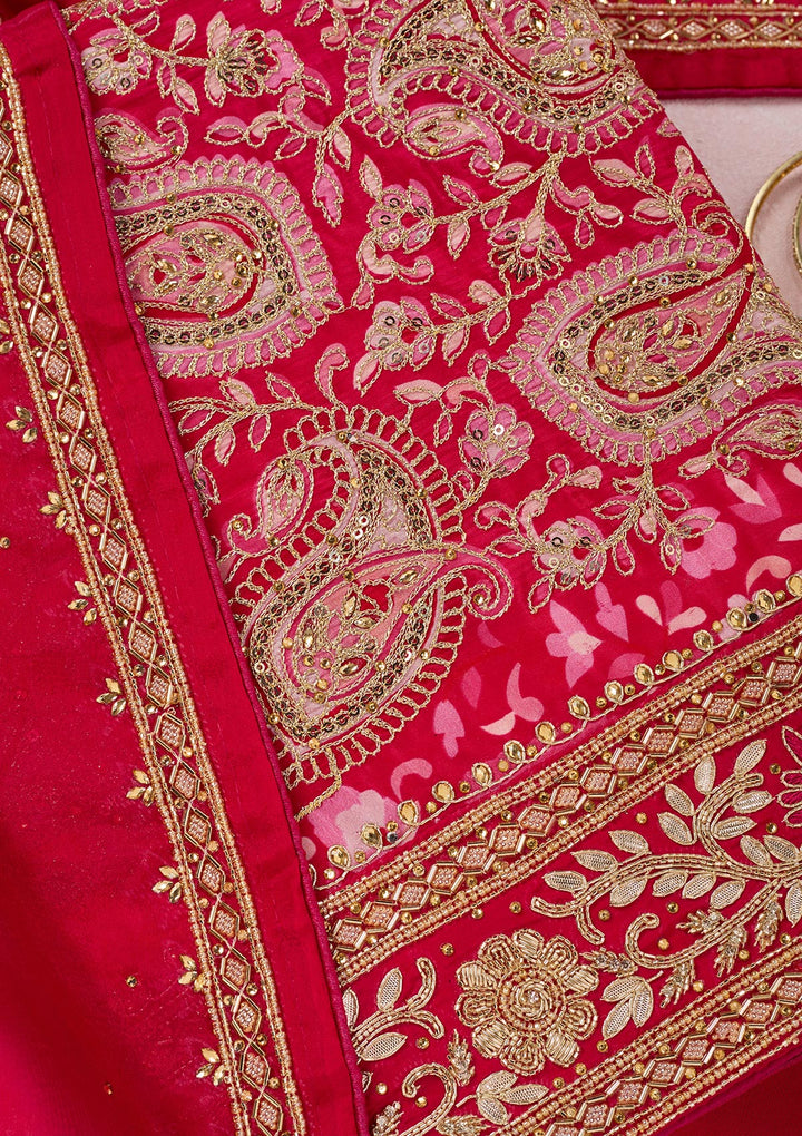 Rani Pink Crepe Gold Stonework Unstitched Dress Material With Matching Bottom And Dupatta