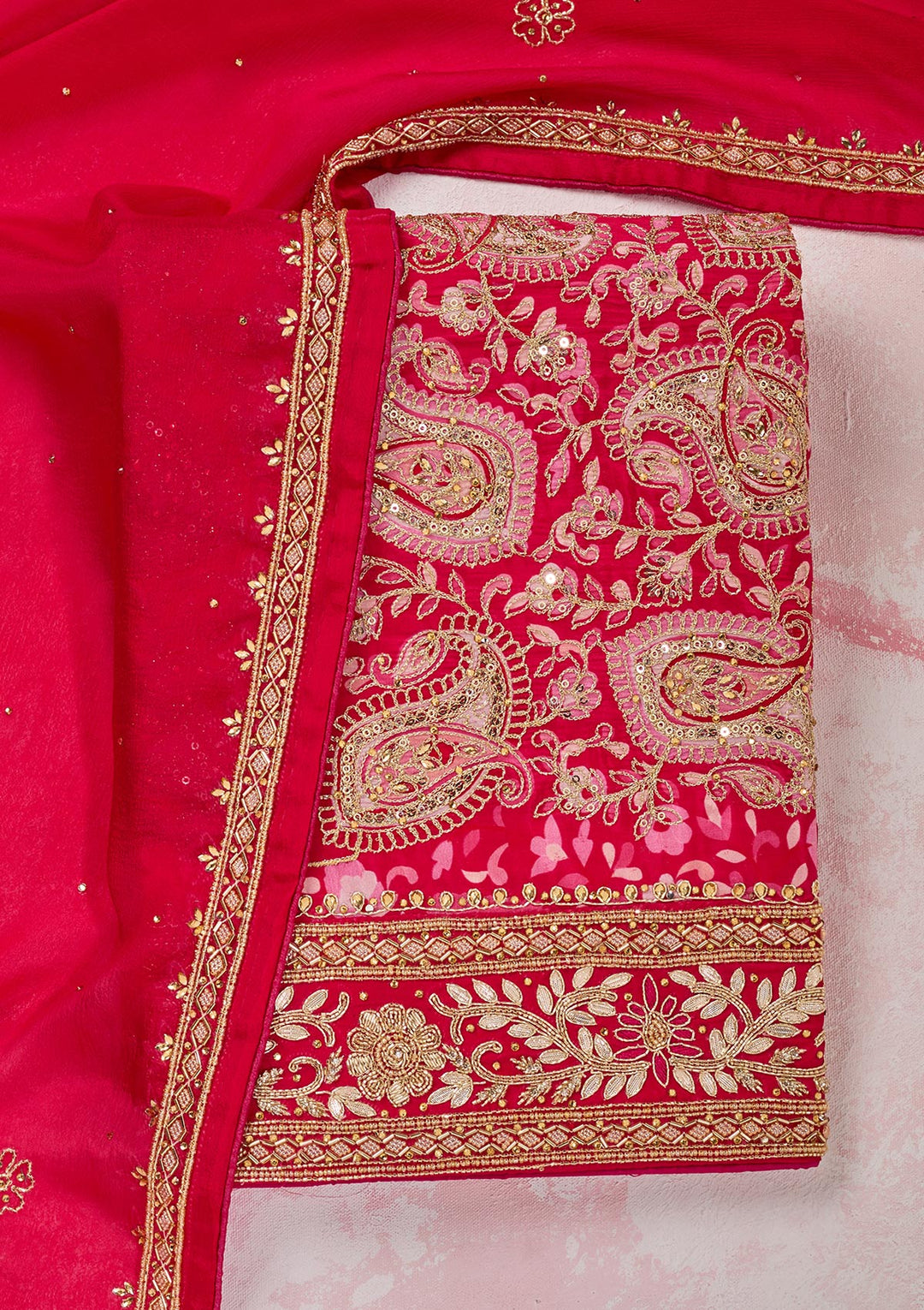 Rani Pink Crepe Gold Stonework Unstitched Dress Material With Matching Bottom And Dupatta
