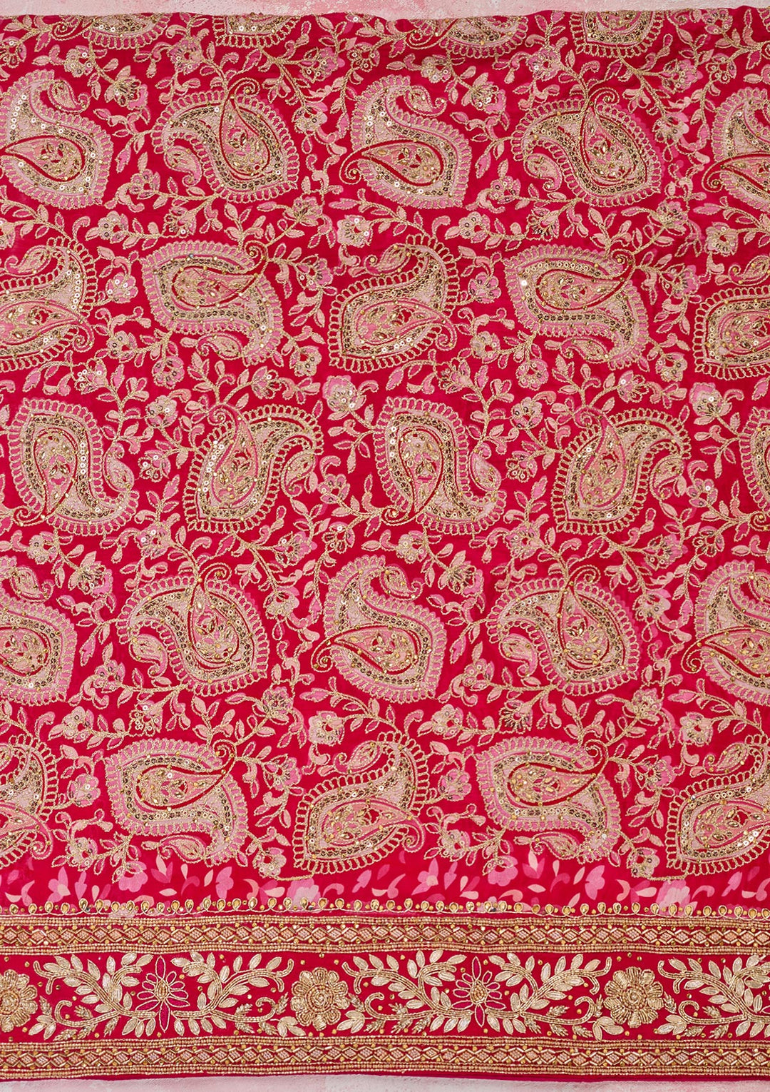 Rani Pink Crepe Gold Stonework Unstitched Dress Material With Matching Bottom And Dupatta