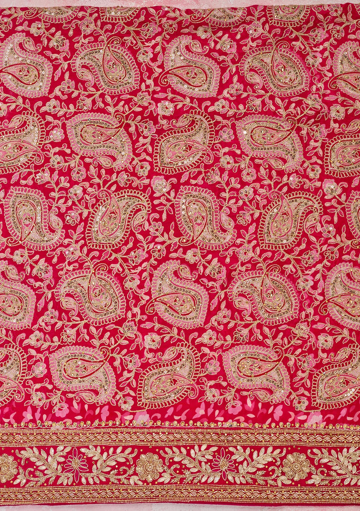 Rani Pink Crepe Gold Stonework Unstitched Dress Material With Matching Bottom And Dupatta
