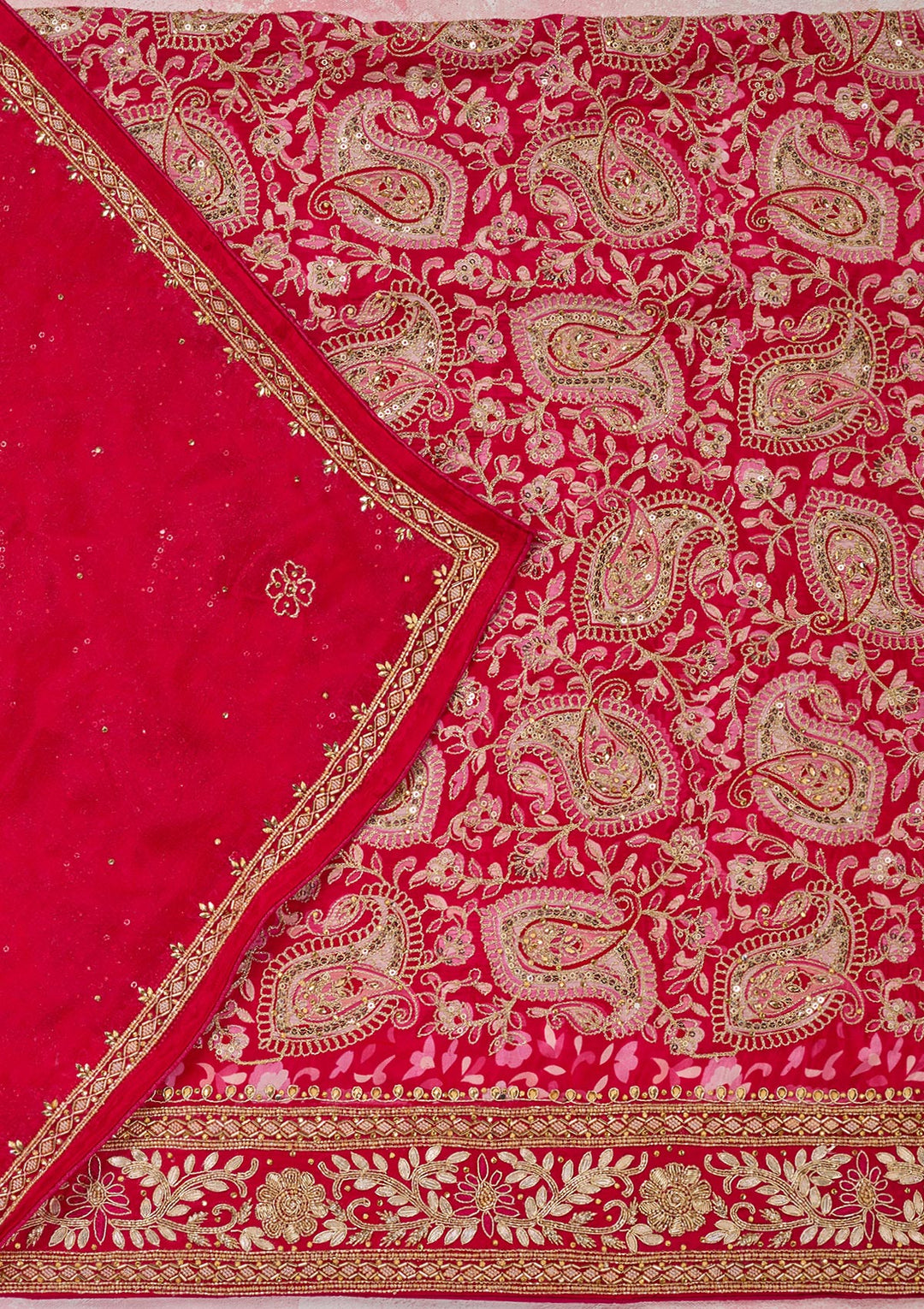 Rani Pink Crepe Gold Stonework Unstitched Dress Material With Matching Bottom And Dupatta