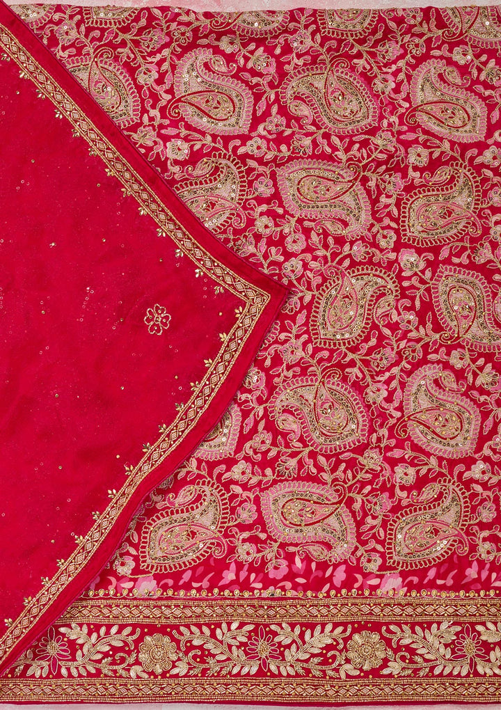 Rani Pink Crepe Gold Stonework Unstitched Dress Material With Matching Bottom And Dupatta