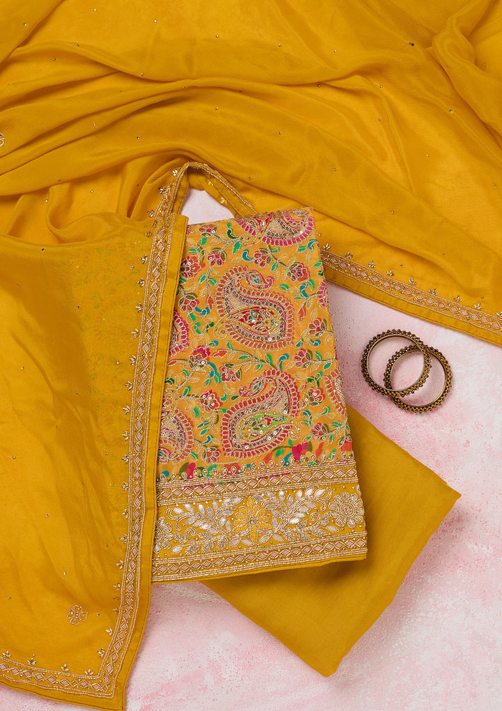 Yellow Stonework Semi Crepe Unstitched Salwar Suit