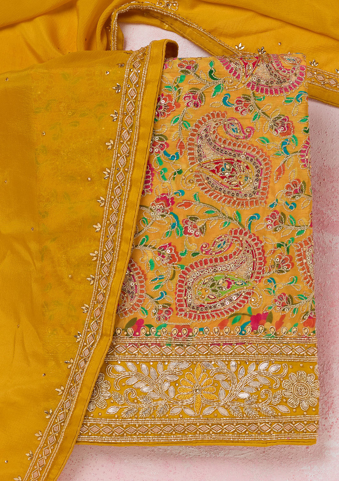 Yellow Stonework Semi Crepe Unstitched Salwar Suit