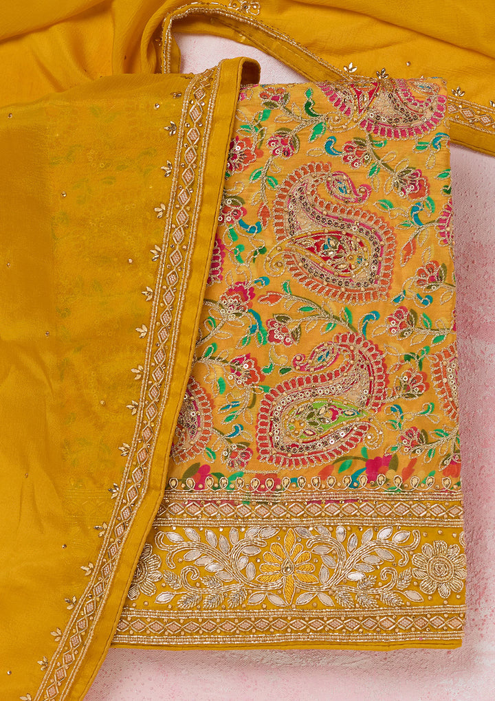 Yellow Stonework Semi Crepe Unstitched Salwar Suit