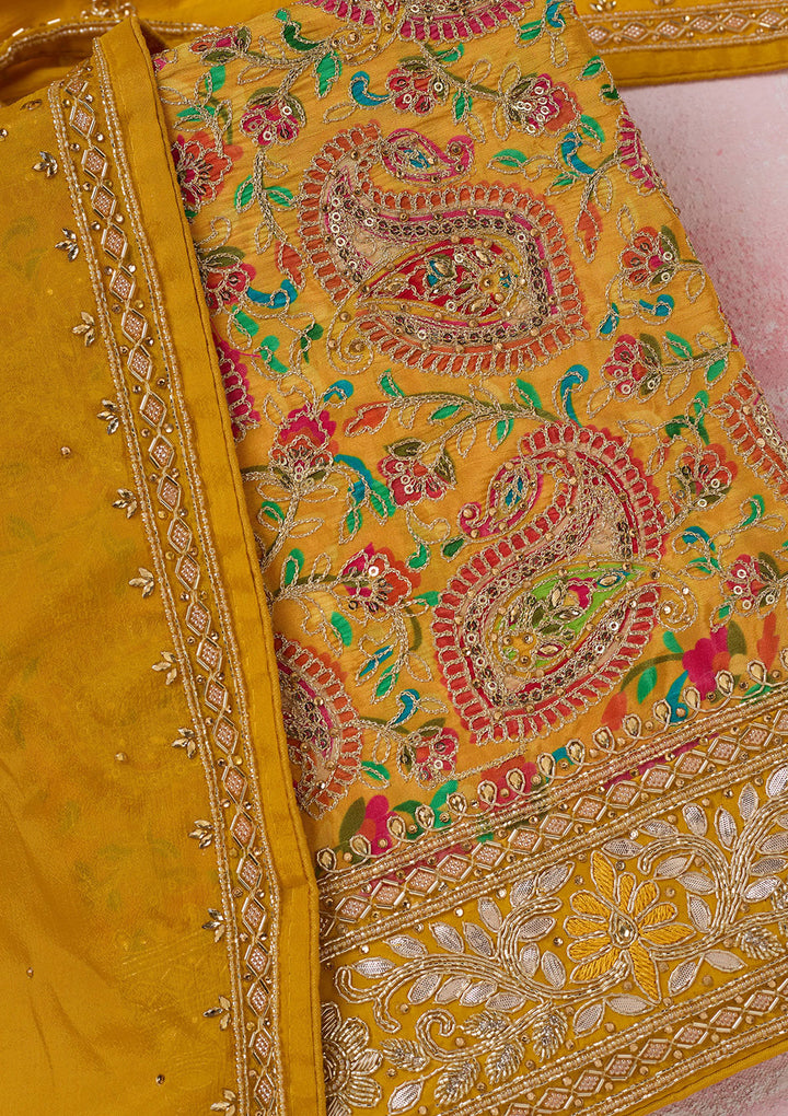 Yellow Stonework Semi Crepe Unstitched Salwar Suit