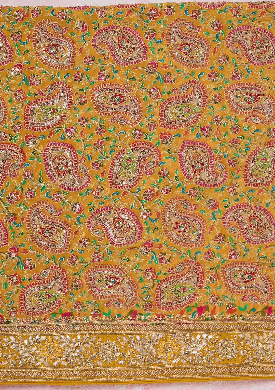 Yellow Stonework Semi Crepe Unstitched Salwar Suit