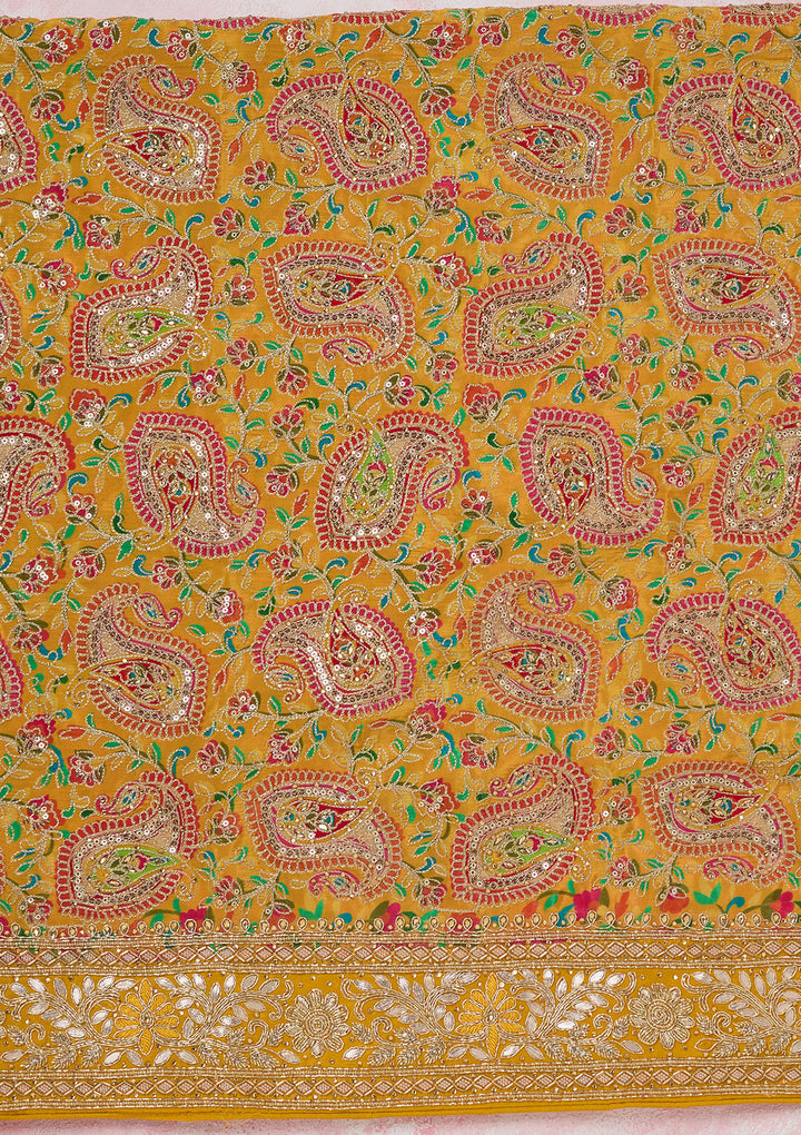 Yellow Stonework Semi Crepe Unstitched Salwar Suit