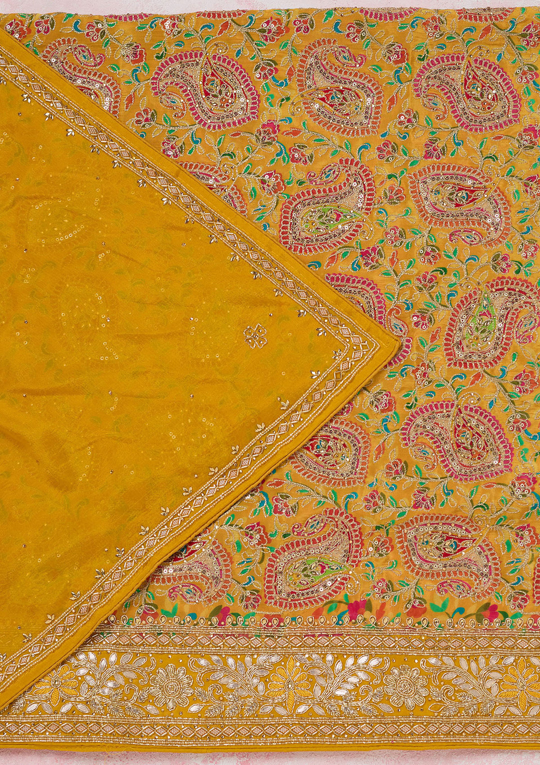Yellow Stonework Semi Crepe Unstitched Salwar Suit