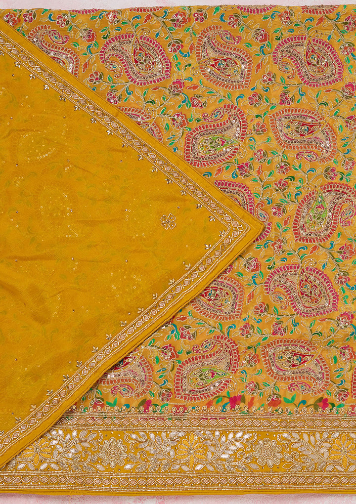 Yellow Stonework Semi Crepe Unstitched Salwar Suit