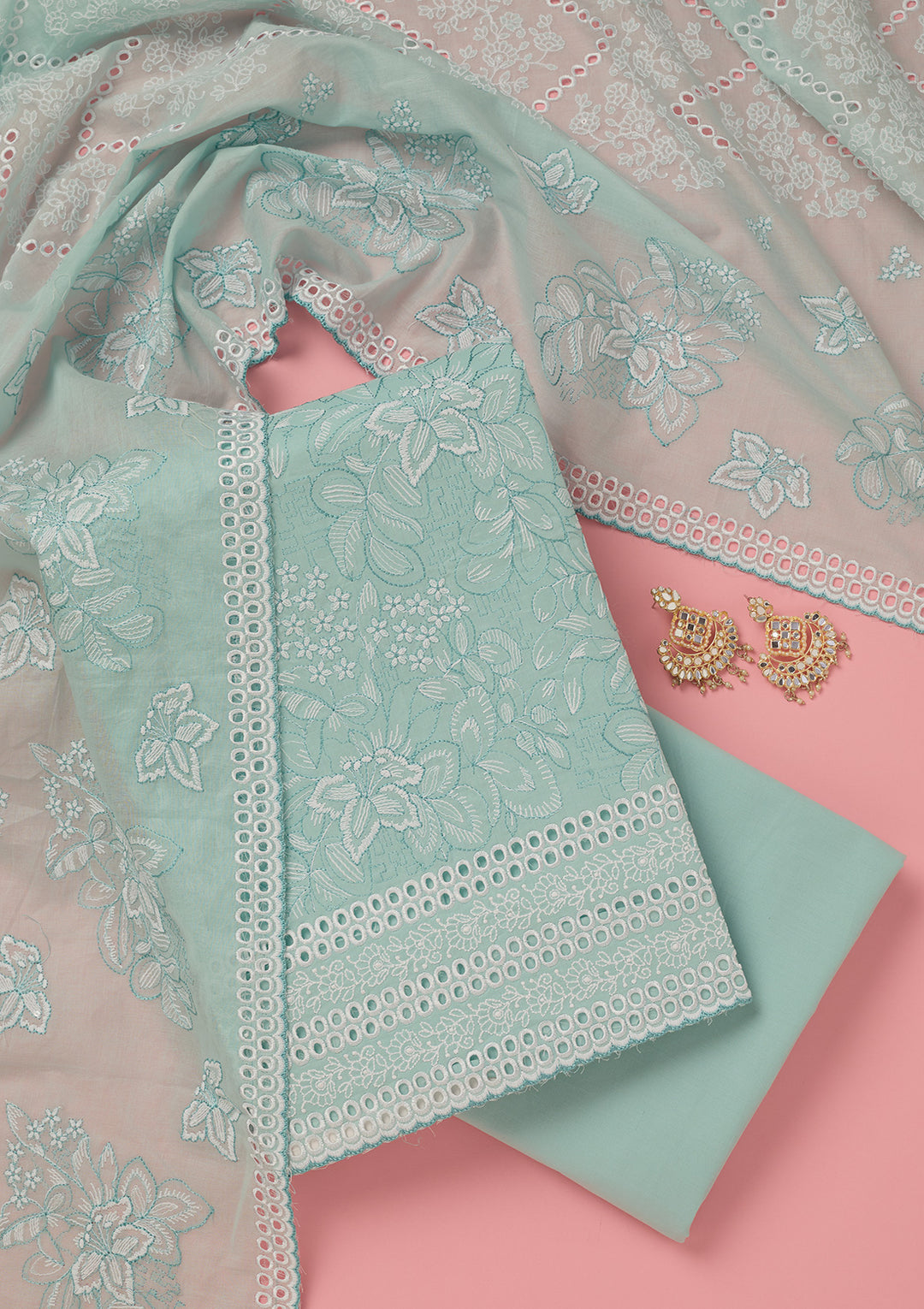 Sky Blue Cotton Floral Threadwork Unstitched Dress Material With Matching Bottom And Dupatta