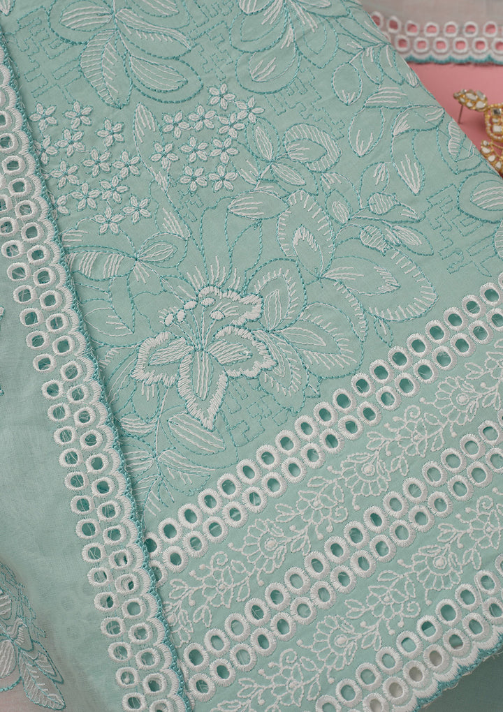 Sky Blue Cotton Floral Threadwork Unstitched Dress Material With Matching Bottom And Dupatta