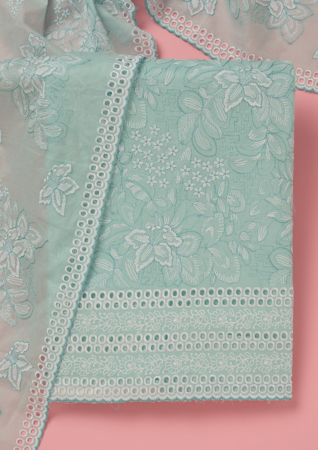 Sky Blue Cotton Floral Threadwork Unstitched Dress Material With Matching Bottom And Dupatta