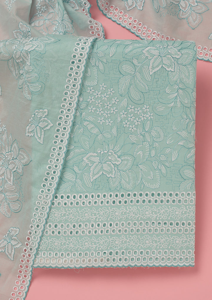 Sky Blue Cotton Floral Threadwork Unstitched Dress Material With Matching Bottom And Dupatta