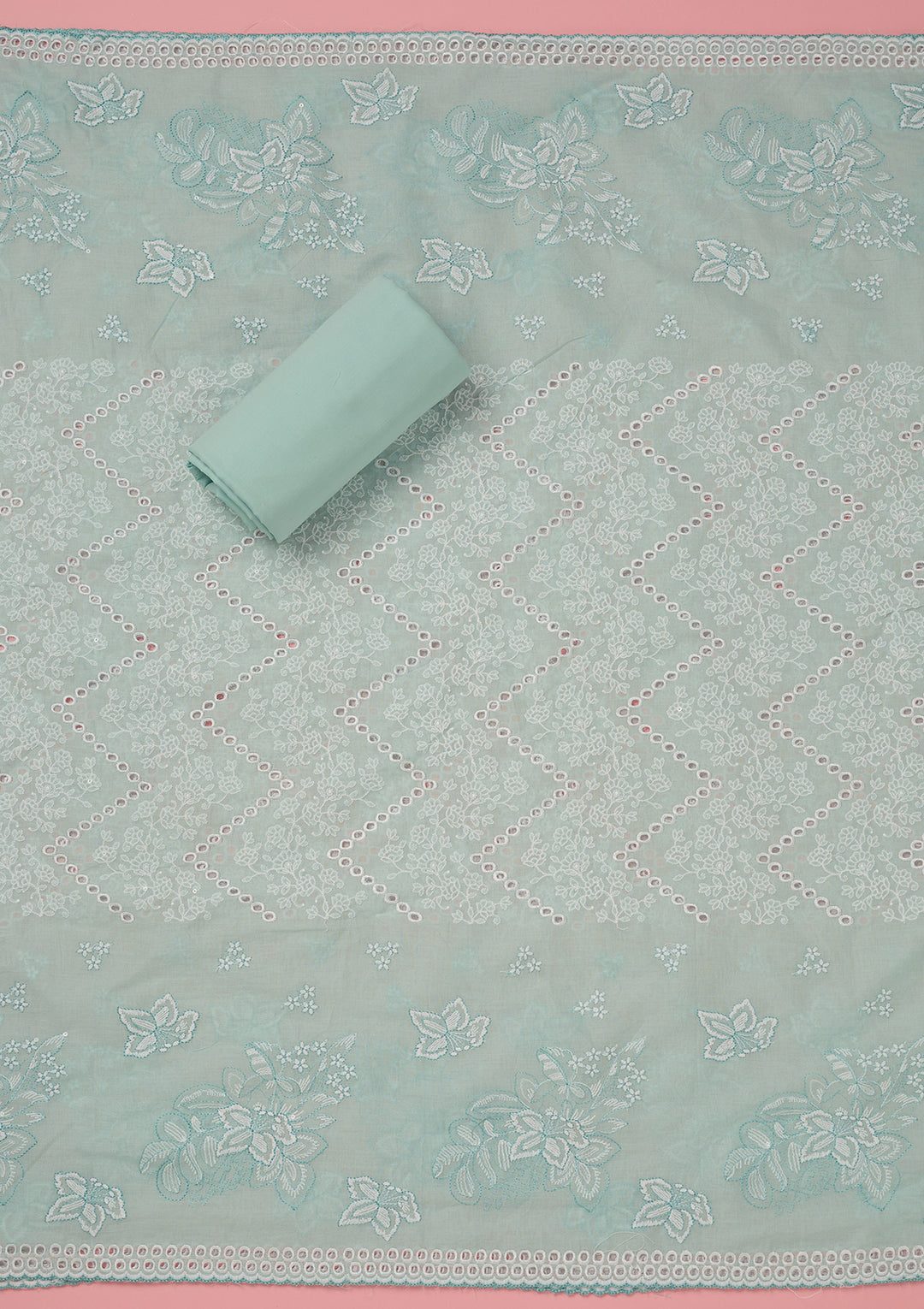 Sky Blue Cotton Floral Threadwork Unstitched Dress Material With Matching Bottom And Dupatta