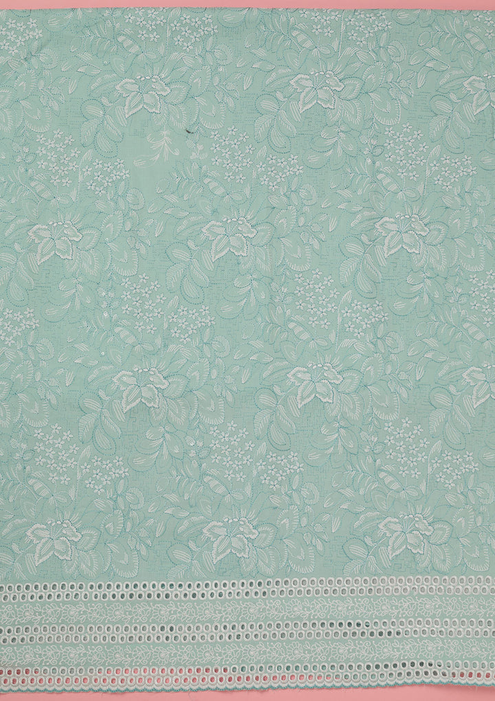 Sky Blue Cotton Floral Threadwork Unstitched Dress Material With Matching Bottom And Dupatta