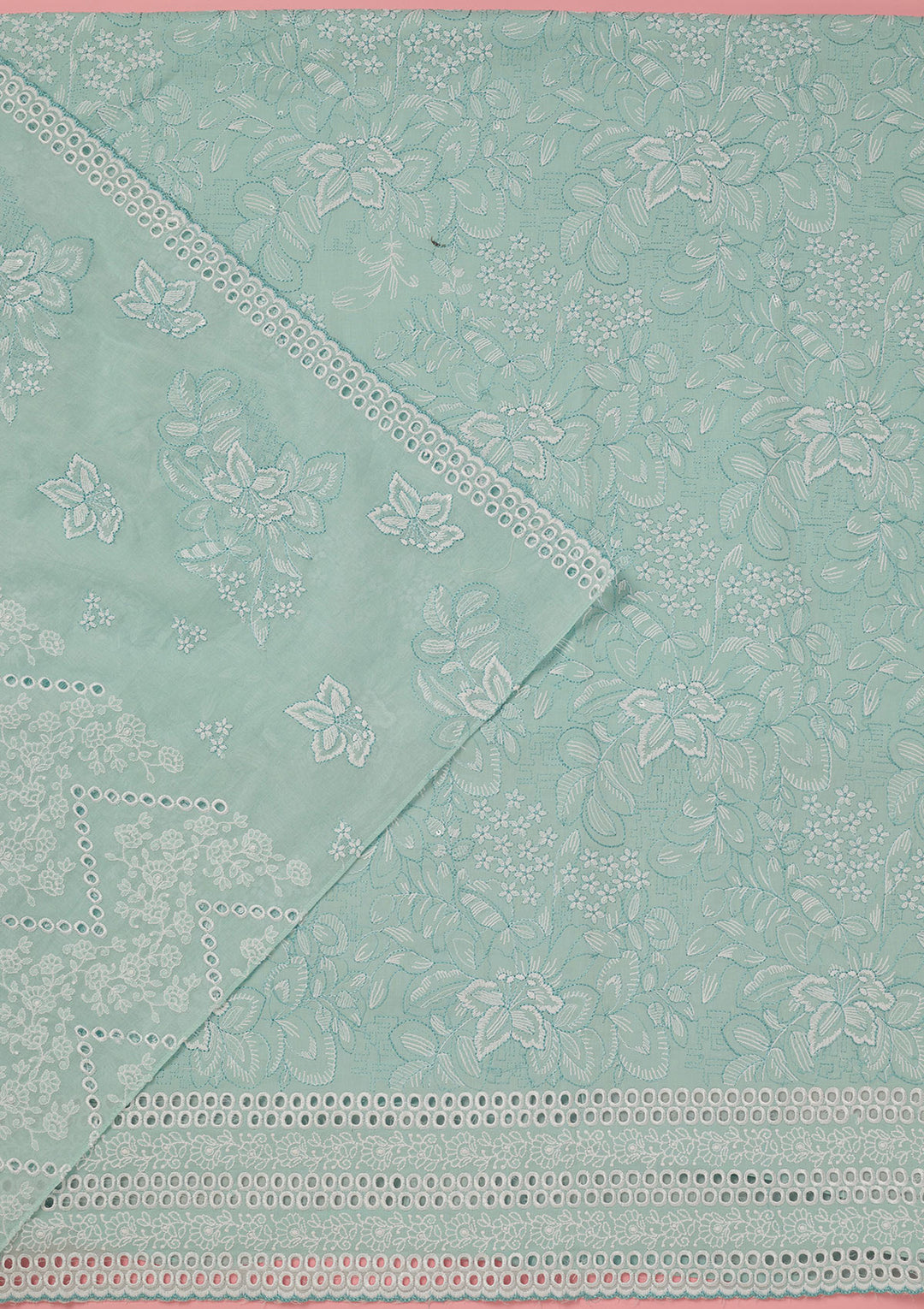 Sky Blue Cotton Floral Threadwork Unstitched Dress Material With Matching Bottom And Dupatta
