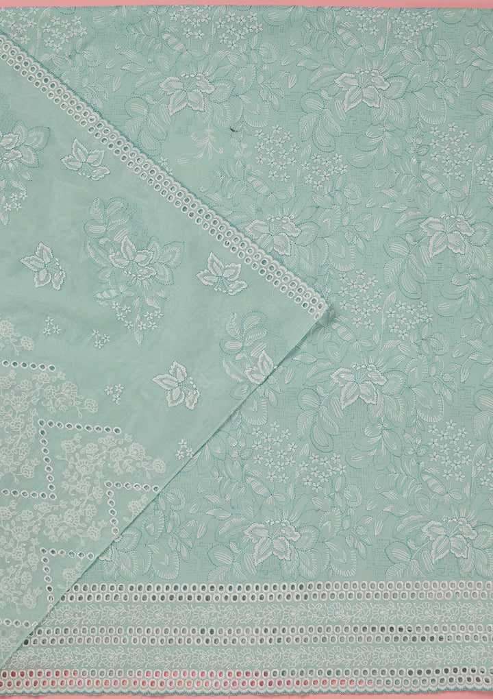 Sky Blue Cotton Floral Threadwork Unstitched Dress Material With Matching Bottom And Dupatta