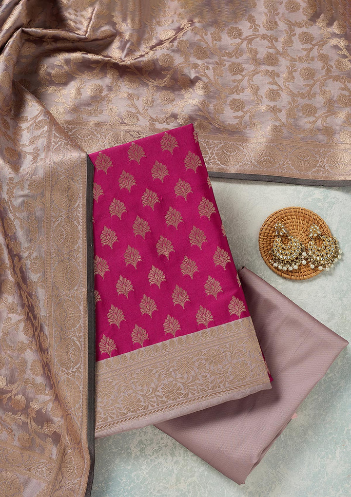 Magenta Pink Light Brown Silk Gold Zariwork Unstitched Dress Material With Matching Bottom And Dupatta