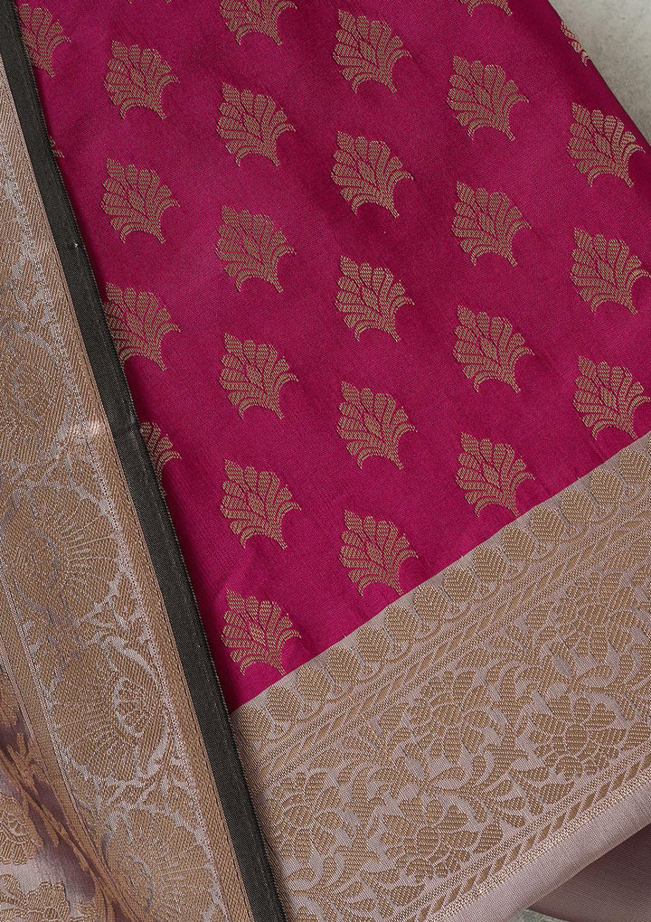 Magenta Pink Light Brown Silk Gold Zariwork Unstitched Dress Material With Matching Bottom And Dupatta