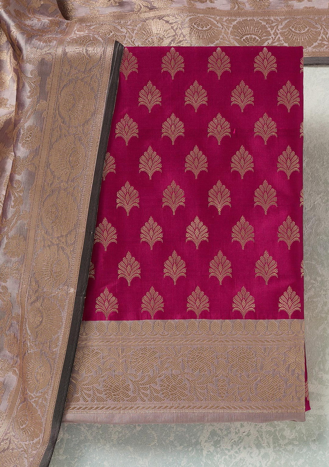 Magenta Pink Light Brown Silk Gold Zariwork Unstitched Dress Material With Matching Bottom And Dupatta