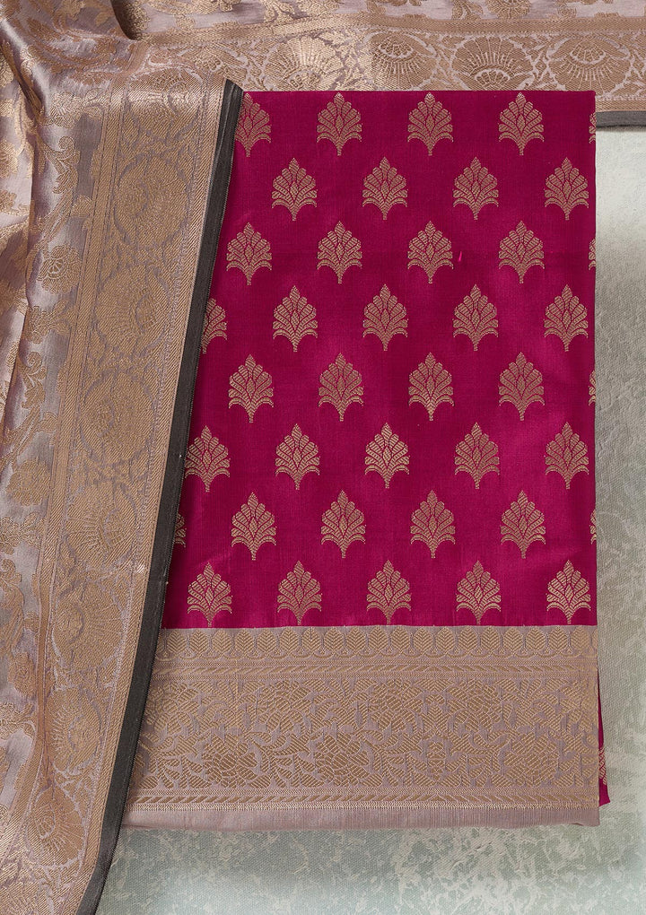 Magenta Pink Light Brown Silk Gold Zariwork Unstitched Dress Material With Matching Bottom And Dupatta