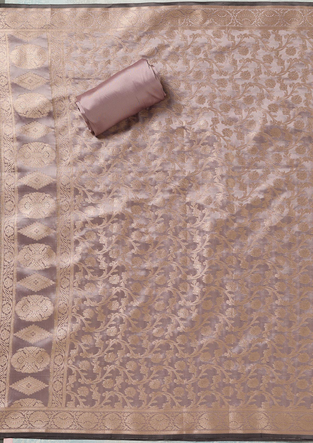 Magenta Pink Light Brown Silk Gold Zariwork Unstitched Dress Material With Matching Bottom And Dupatta