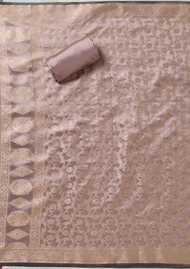 Magenta Pink Light Brown Silk Gold Zariwork Unstitched Dress Material With Matching Bottom And Dupatta