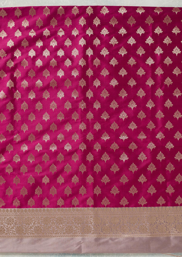 Magenta Pink Light Brown Silk Gold Zariwork Unstitched Dress Material With Matching Bottom And Dupatta