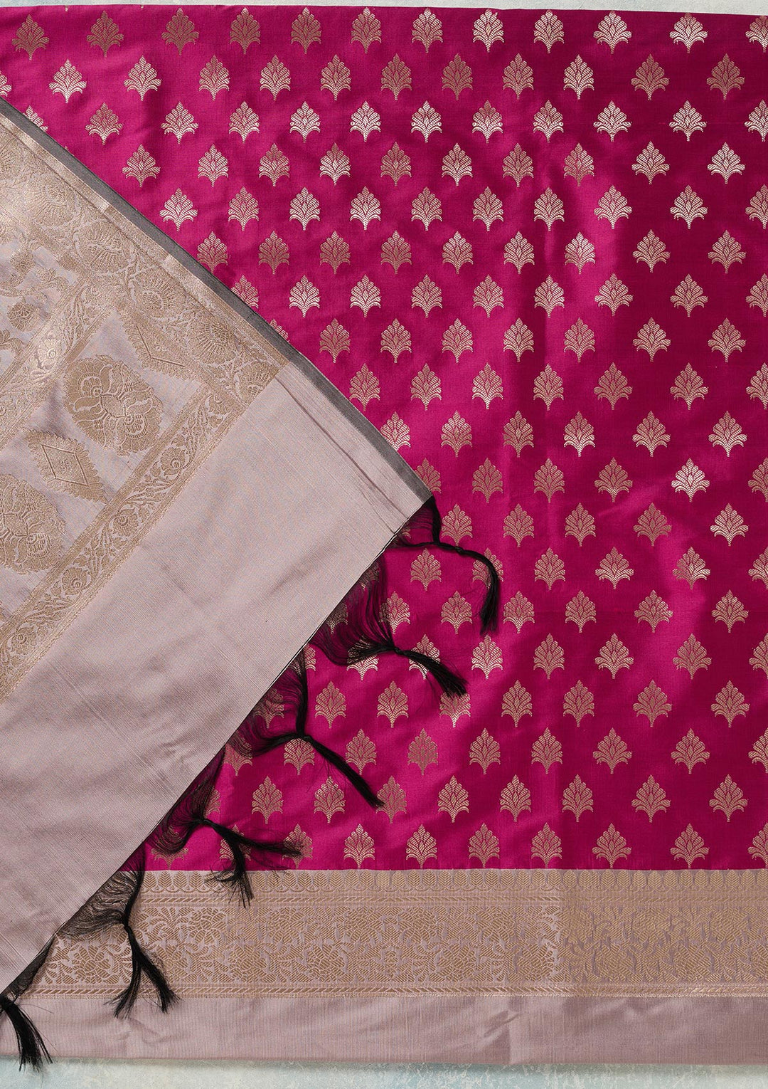 Magenta Pink Light Brown Silk Gold Zariwork Unstitched Dress Material With Matching Bottom And Dupatta