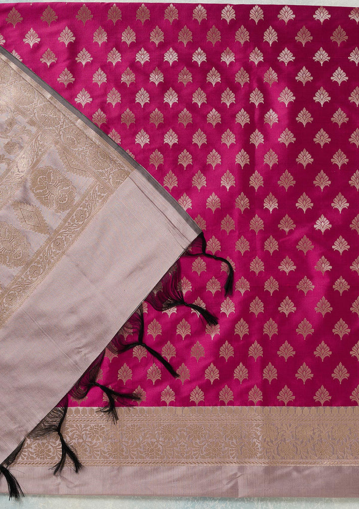 Magenta Pink Light Brown Silk Gold Zariwork Unstitched Dress Material With Matching Bottom And Dupatta