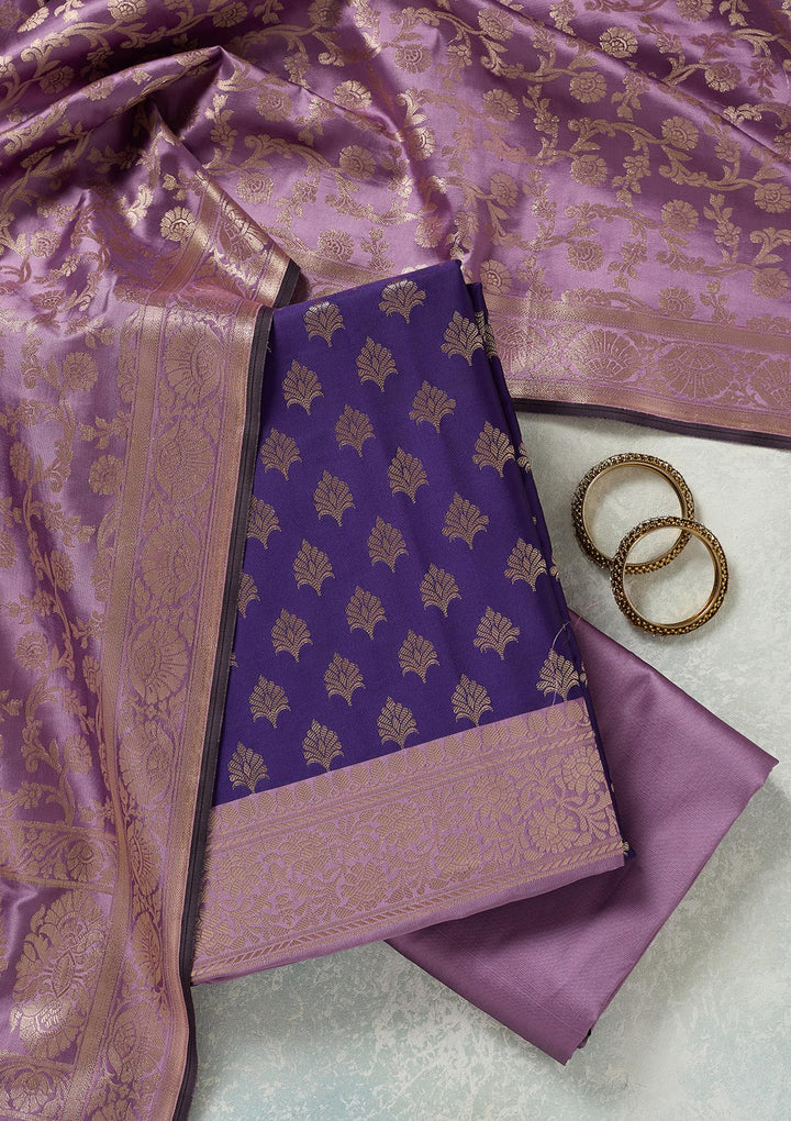 Royal Blue Lavender Silk Gold Zariwork Unstitched Dress Material With Matching Bottom And Dupatta