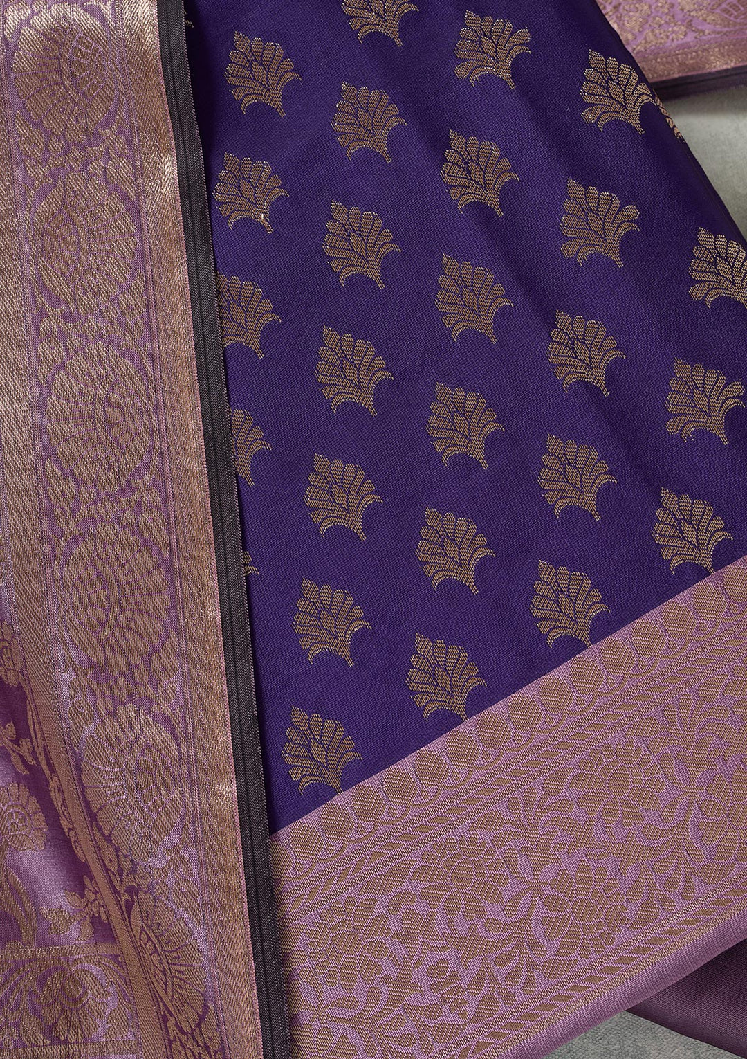 Royal Blue Lavender Silk Gold Zariwork Unstitched Dress Material With Matching Bottom And Dupatta