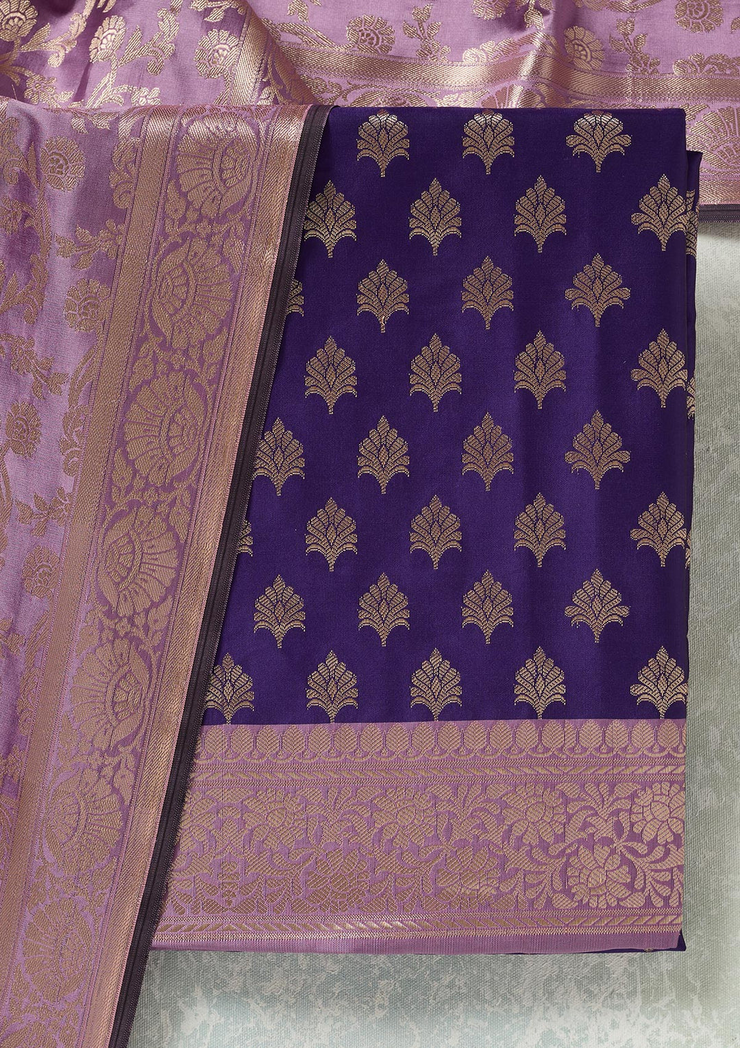 Royal Blue Lavender Silk Gold Zariwork Unstitched Dress Material With Matching Bottom And Dupatta