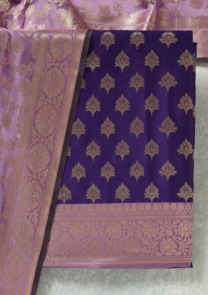 Royal Blue Lavender Silk Gold Zariwork Unstitched Dress Material With Matching Bottom And Dupatta