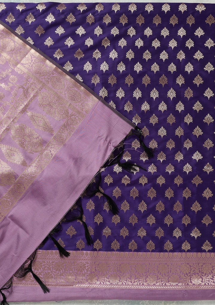 Royal Blue Lavender Silk Gold Zariwork Unstitched Dress Material With Matching Bottom And Dupatta