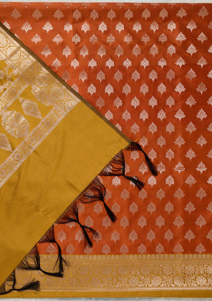 Rust Mustard Yellow Silk Bandhej Gold Zariwork Unstitched Dress Material With Matching Bottom And Dupatta