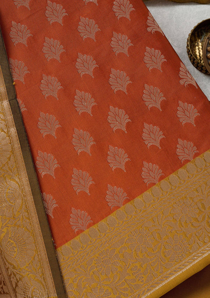 Rust Mustard Yellow Silk Bandhej Gold Zariwork Unstitched Dress Material With Matching Bottom And Dupatta