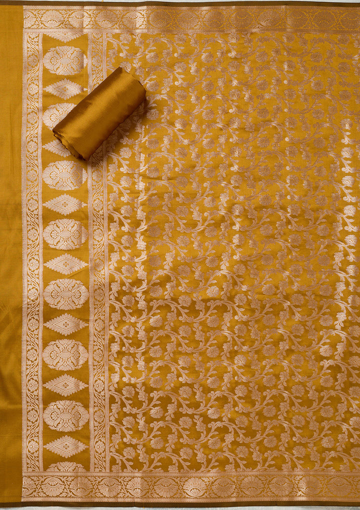 Rust Mustard Yellow Silk Bandhej Gold Zariwork Unstitched Dress Material With Matching Bottom And Dupatta