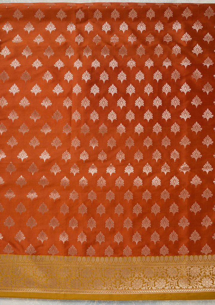 Rust Mustard Yellow Silk Bandhej Gold Zariwork Unstitched Dress Material With Matching Bottom And Dupatta