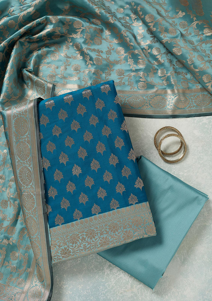 Turquoise Blue Sea Green Silk Gold Zariwork Unstitched Dress Material With Matching Bottom And Dupatta