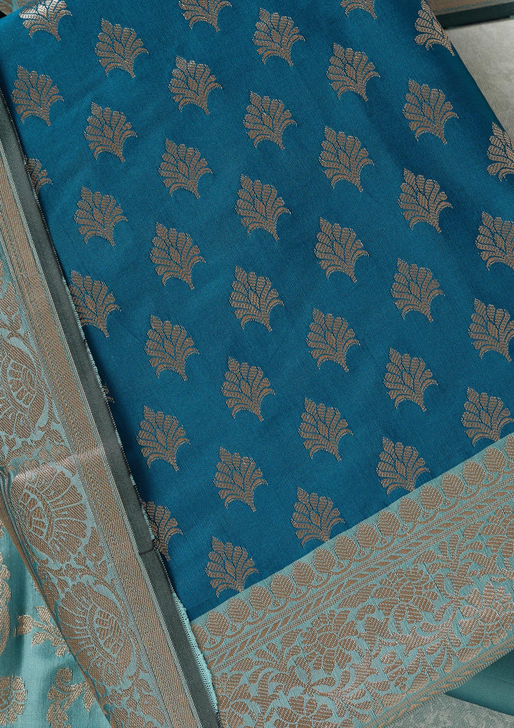 Turquoise Blue Sea Green Silk Gold Zariwork Unstitched Dress Material With Matching Bottom And Dupatta