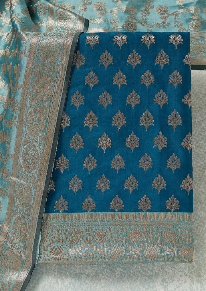 Turquoise Blue Sea Green Silk Gold Zariwork Unstitched Dress Material With Matching Bottom And Dupatta