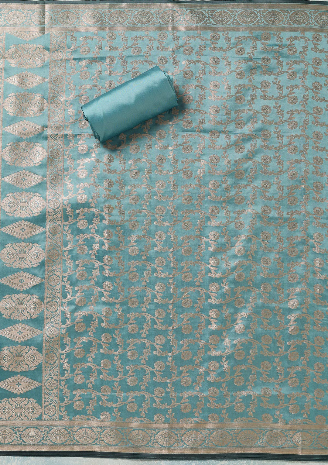 Turquoise Blue Sea Green Silk Gold Zariwork Unstitched Dress Material With Matching Bottom And Dupatta