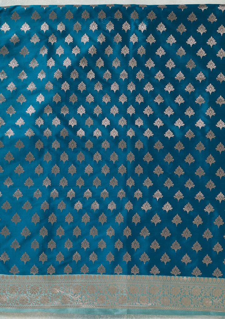 Turquoise Blue Sea Green Silk Gold Zariwork Unstitched Dress Material With Matching Bottom And Dupatta