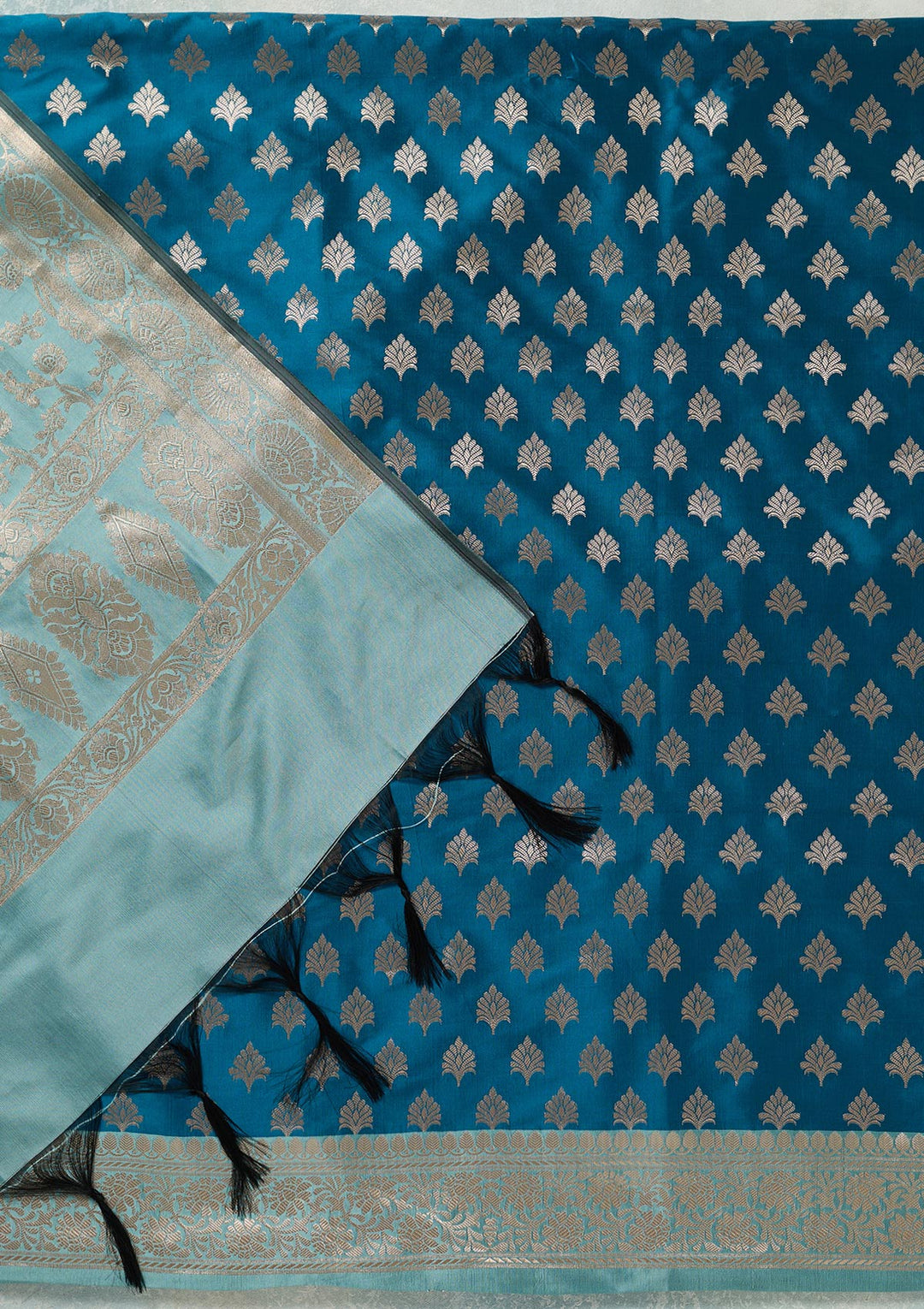 Turquoise Blue Sea Green Silk Gold Zariwork Unstitched Dress Material With Matching Bottom And Dupatta