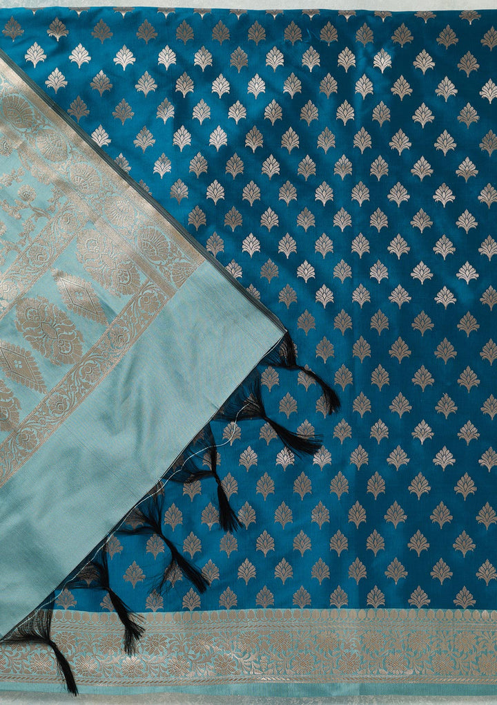 Turquoise Blue Sea Green Silk Gold Zariwork Unstitched Dress Material With Matching Bottom And Dupatta