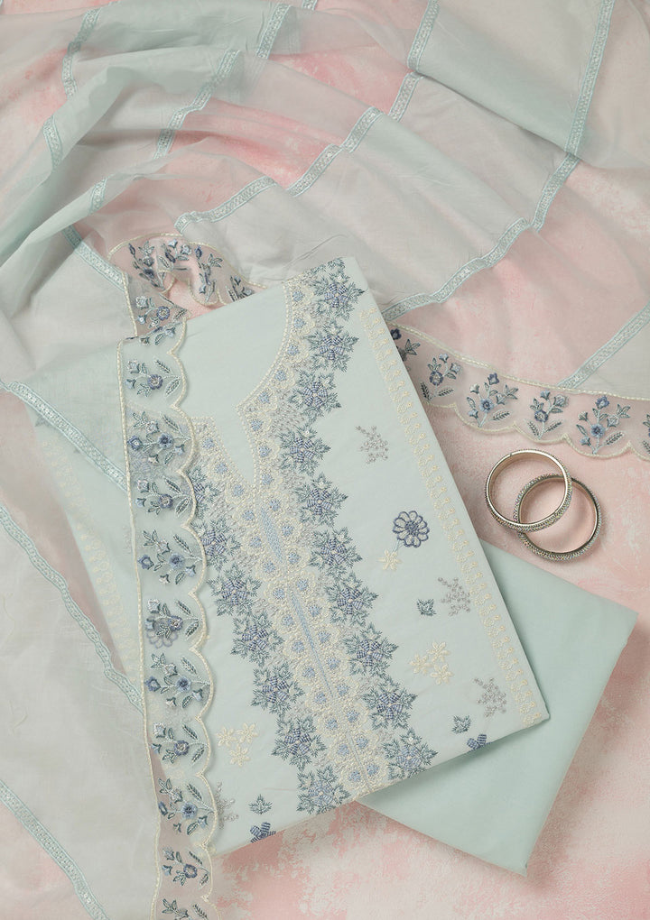 Sky Blue Cotton Threadwork Unstitched Dress Material With Matching Bottom And Dupatta